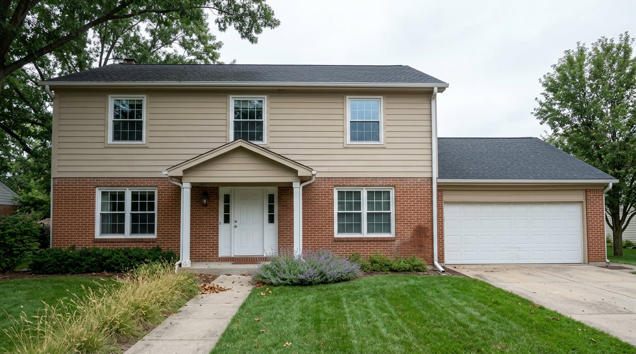 Two-story colonial with red-brick lower floor, beige siding, portico, lawn walkway, and attached garage.