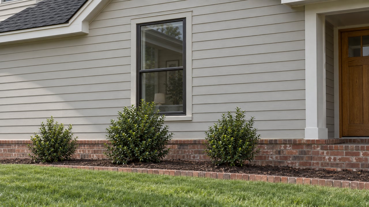 Close view of a warm-gray-sided home with a tall window, brick foundation, shrubs, and sloping lawn.
