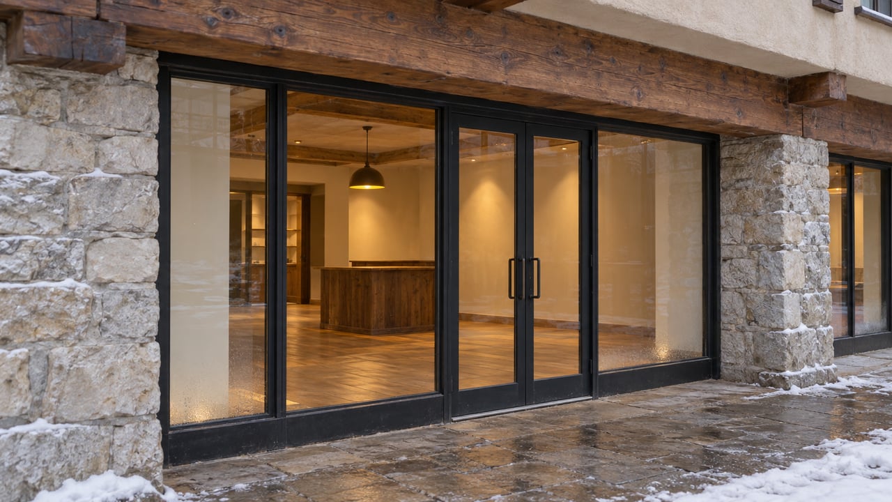 Iron-framed storefront with closed glass doors beneath a timber arcade, warm pendant visible inside.