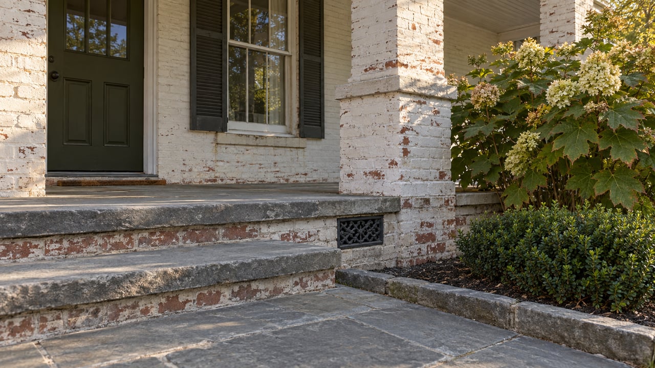 Historic brick house entry with bluestone steps, an olive paneled door, and an oakleaf hydrangea.