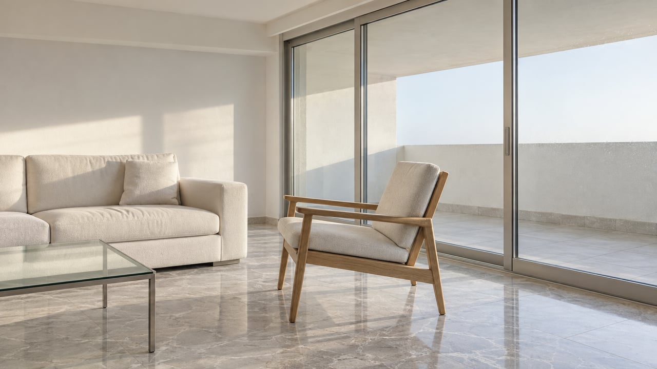 A marble-floored living room with ivory seating, a light-oak chair and closed glass doors opening visually onto a covered white terrace.