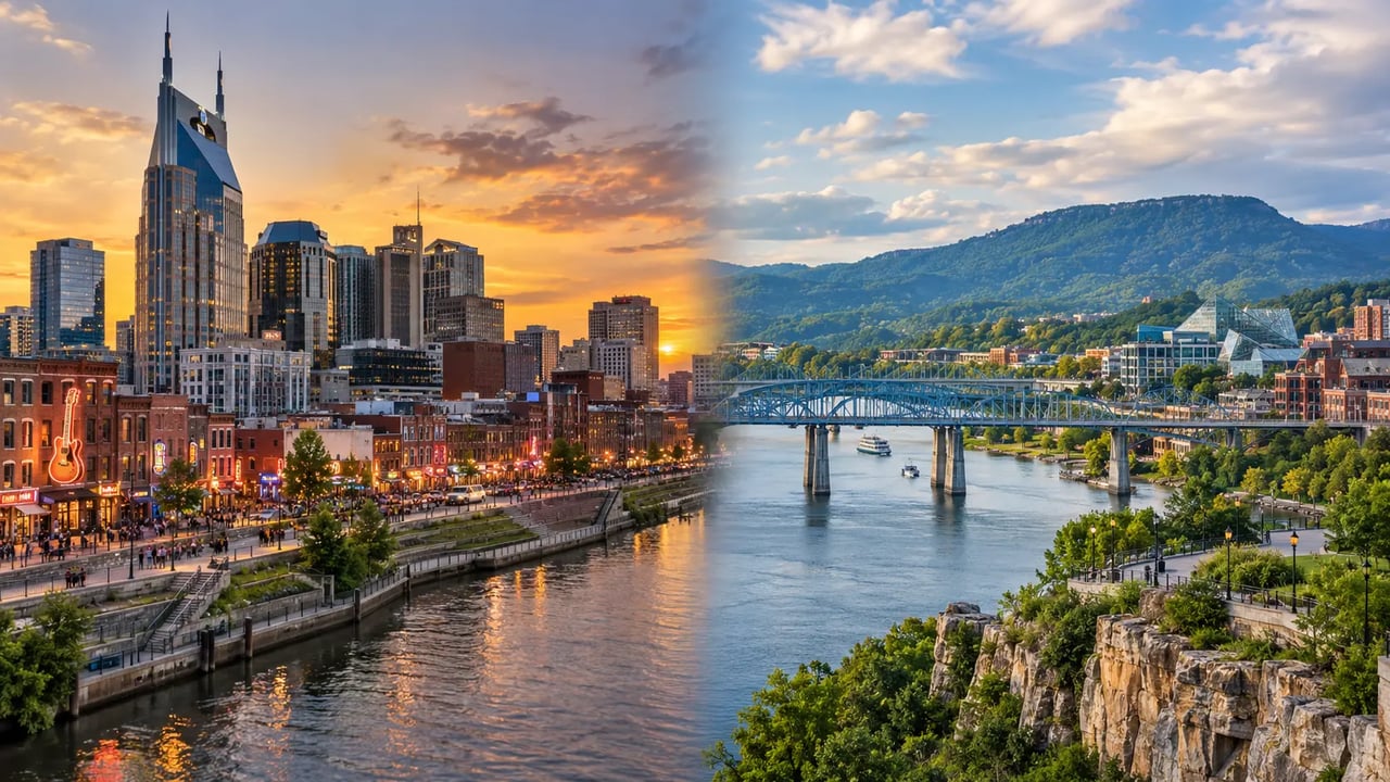 Nashville vs. Chattanooga Tennessee comparison featuring Nashville’s skyline and Chattanooga’s riverfront and mountains.