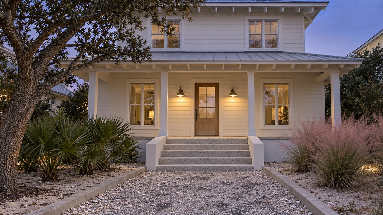 An ivory coastal cottage at dusk, with a raised concrete porch, oak entry door and shell-aggregate approach bordered by native planting.