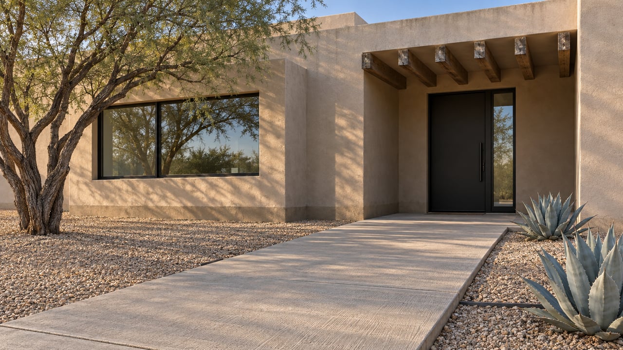 A pale stucco home with a recessed black entry, cedar overhead beams, a mesquite tree and blue agaves beside a concrete approach.