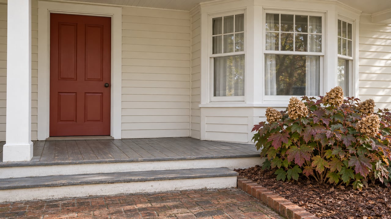 A muted red front door and white bay window above a gray wooden porch, with brick steps and an oakleaf hydrangea showing autumn color.