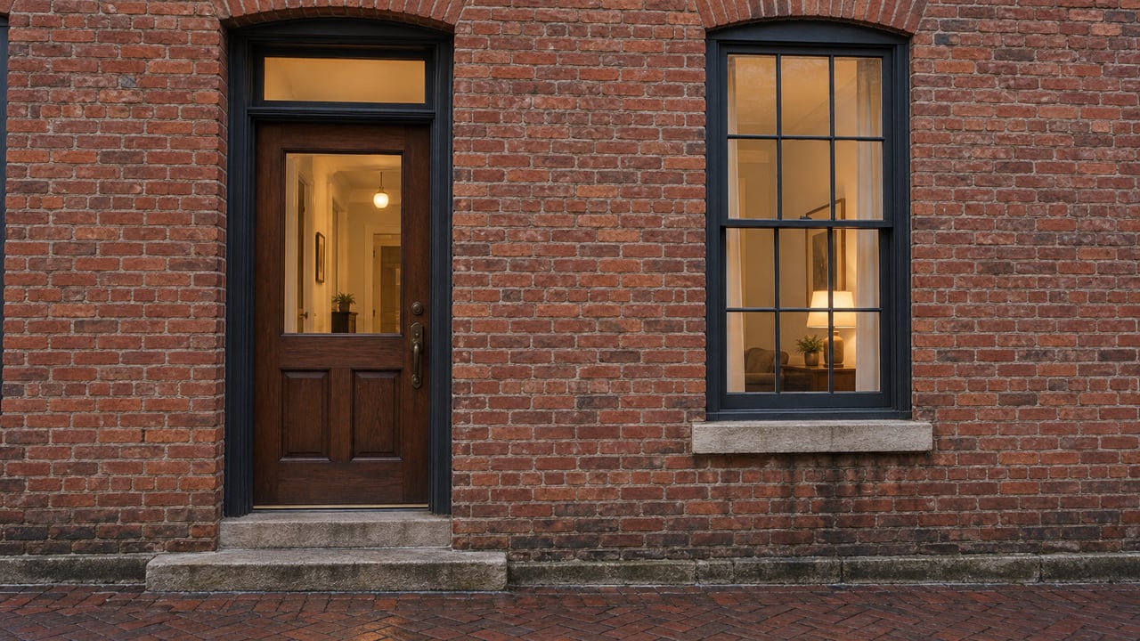Warm light behind a closed wood-and-glass townhouse door and tall sash window, with worn red brick, limestone, and a brick sidewalk.