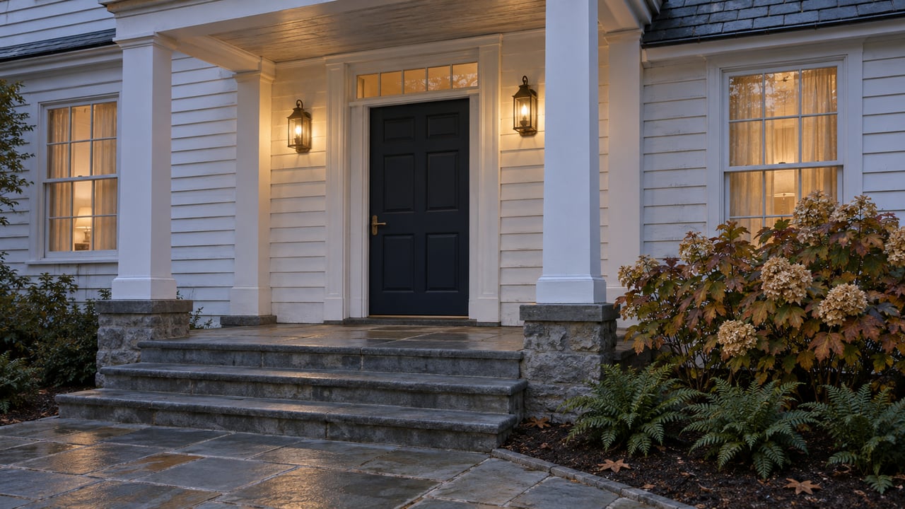 Blue-hour view of a navy paneled front door beneath a white timber porch, with warm windows, bluestone steps and oakleaf hydrangea.