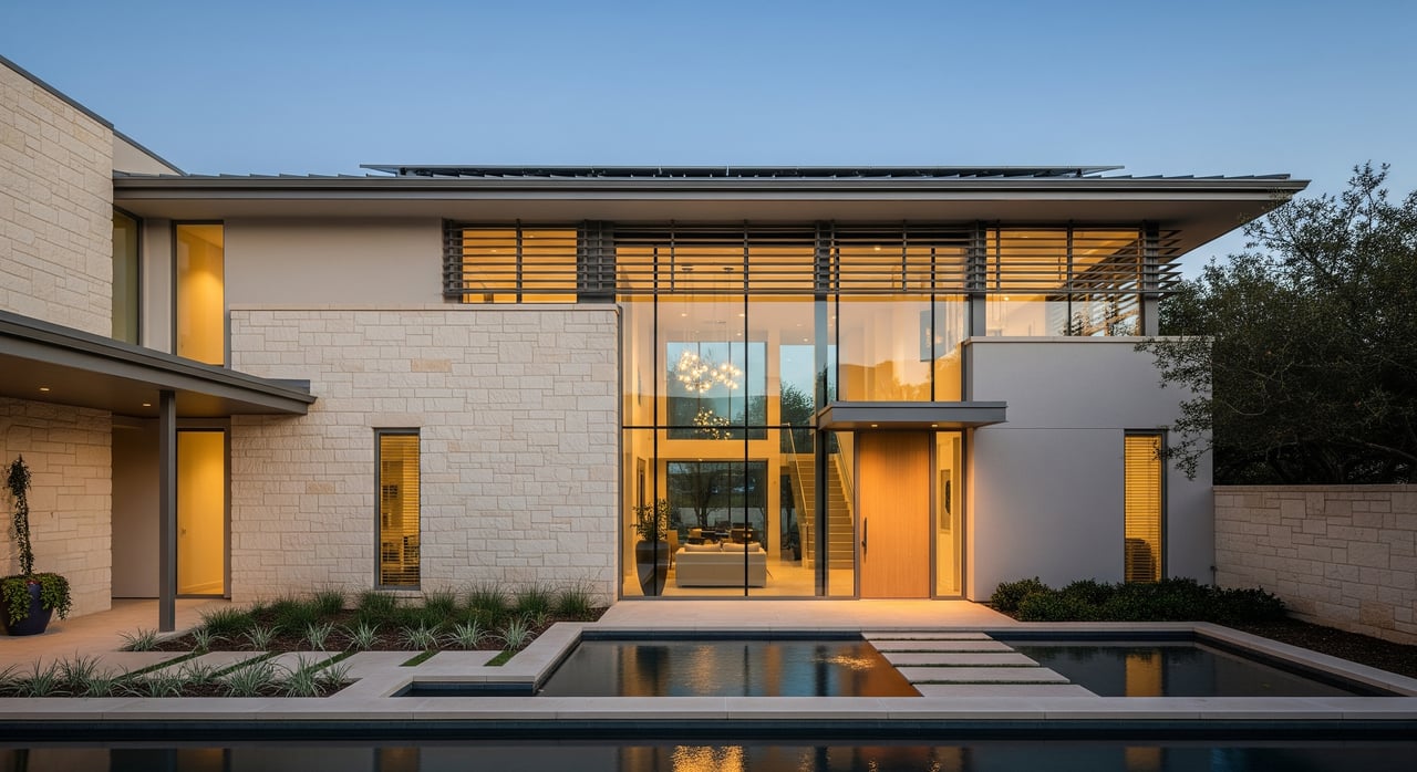 Modern two-story stone house with floor-to-ceiling glass doors overlooking a reflecting pool at dusk.