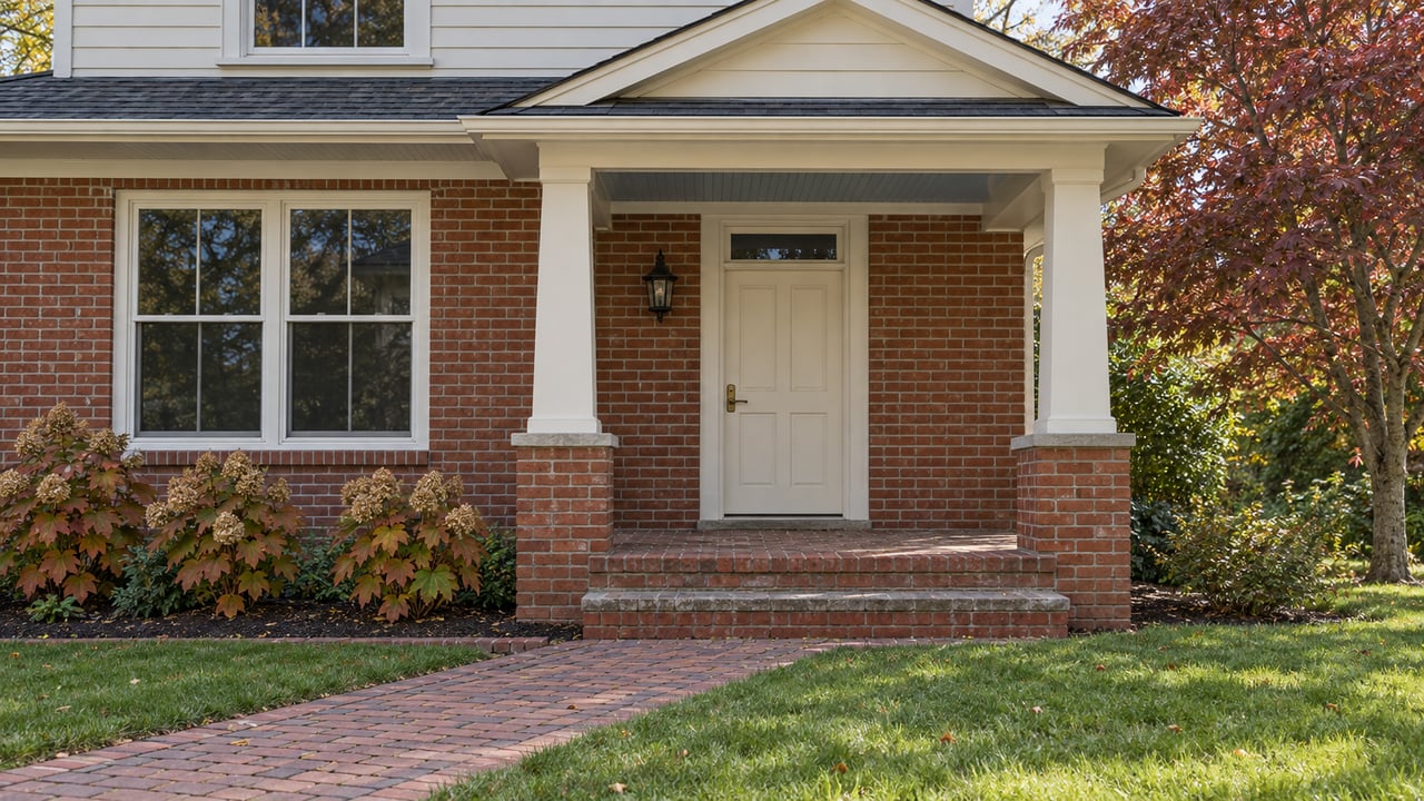 Brick-and-ivory house entry with a gabled porch, brick approach, and autumn dogwood beside the lawn.