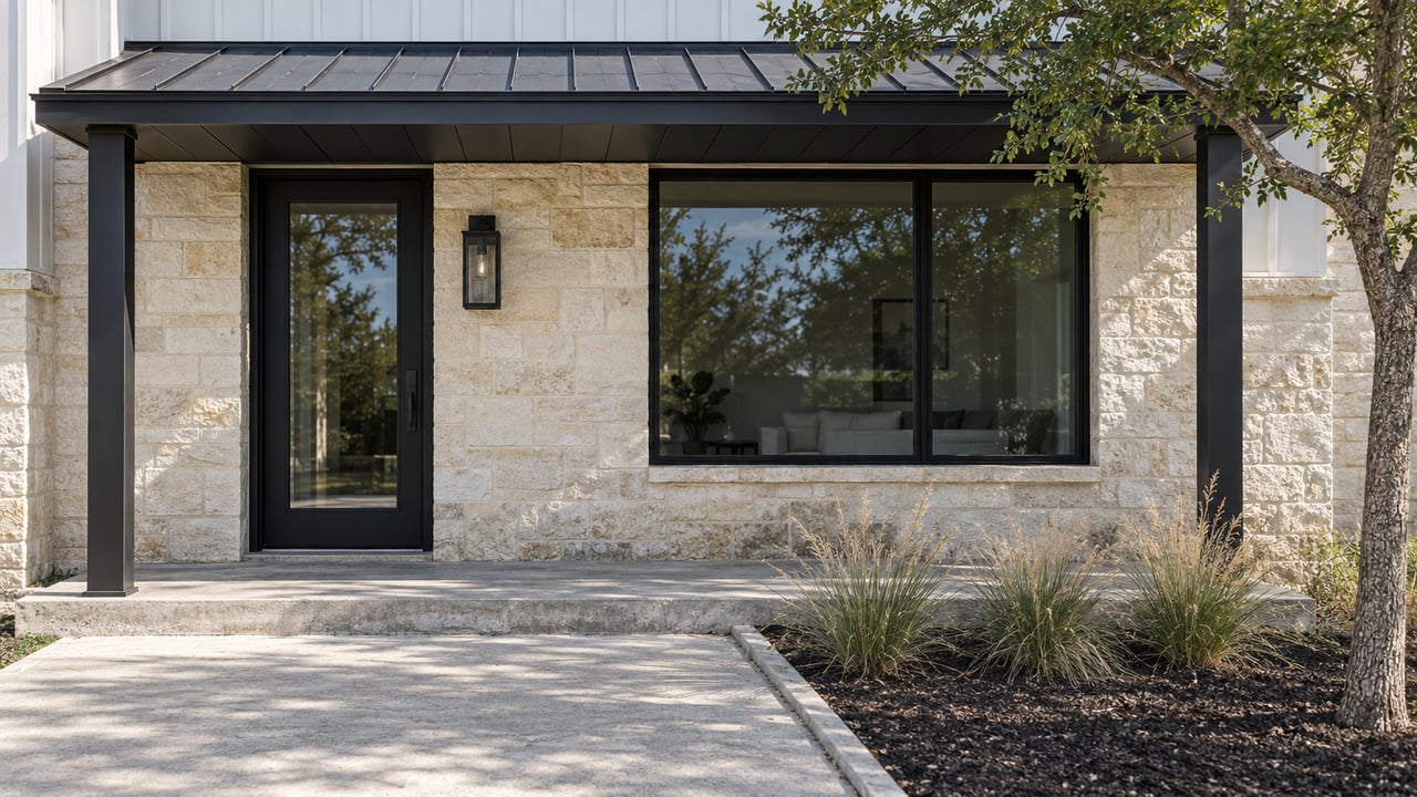 Pale limestone and white-sided home entry with black metal porch posts, glazed front door, and a small bed of blue-gray ornamental grasses.