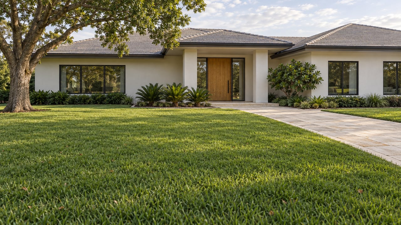 A low white contemporary home beyond a broad lawn, with a pale stone approach, dark-framed windows and mature specimen trees.