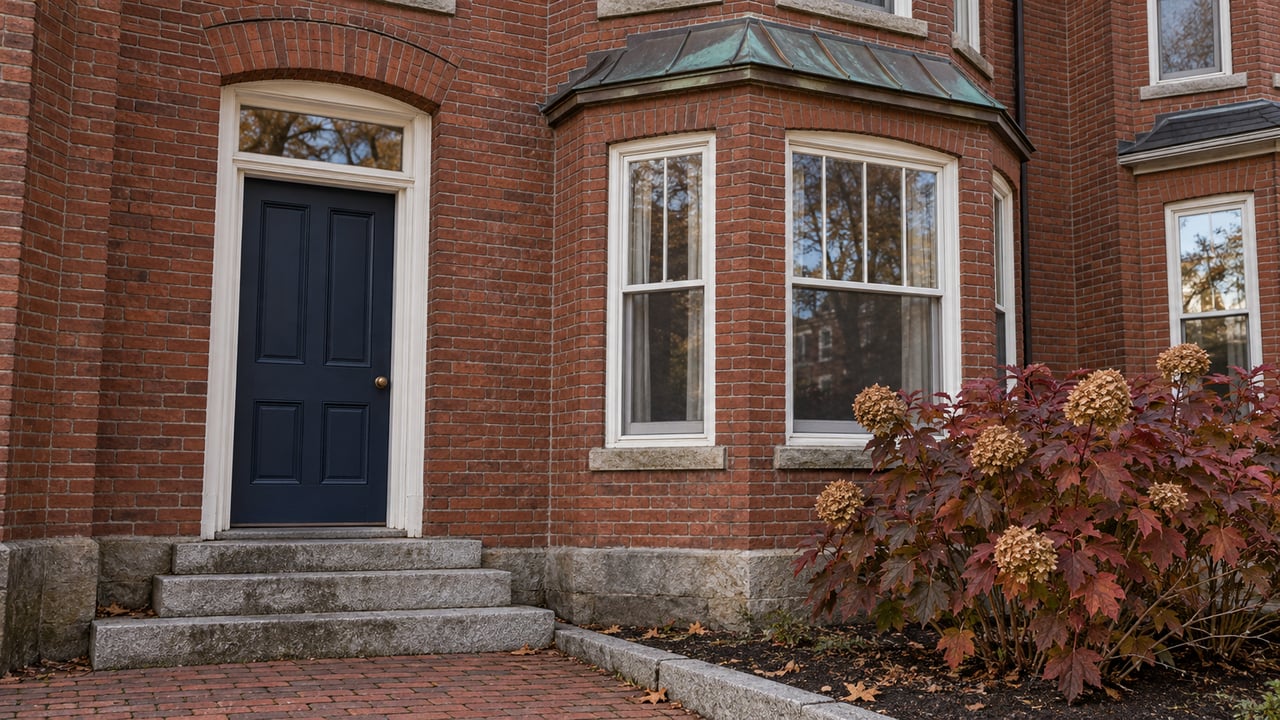 Red-brick attached home's indigo entry door, white-trimmed bay windows, worn granite steps, and autumn oakleaf hydrangea.