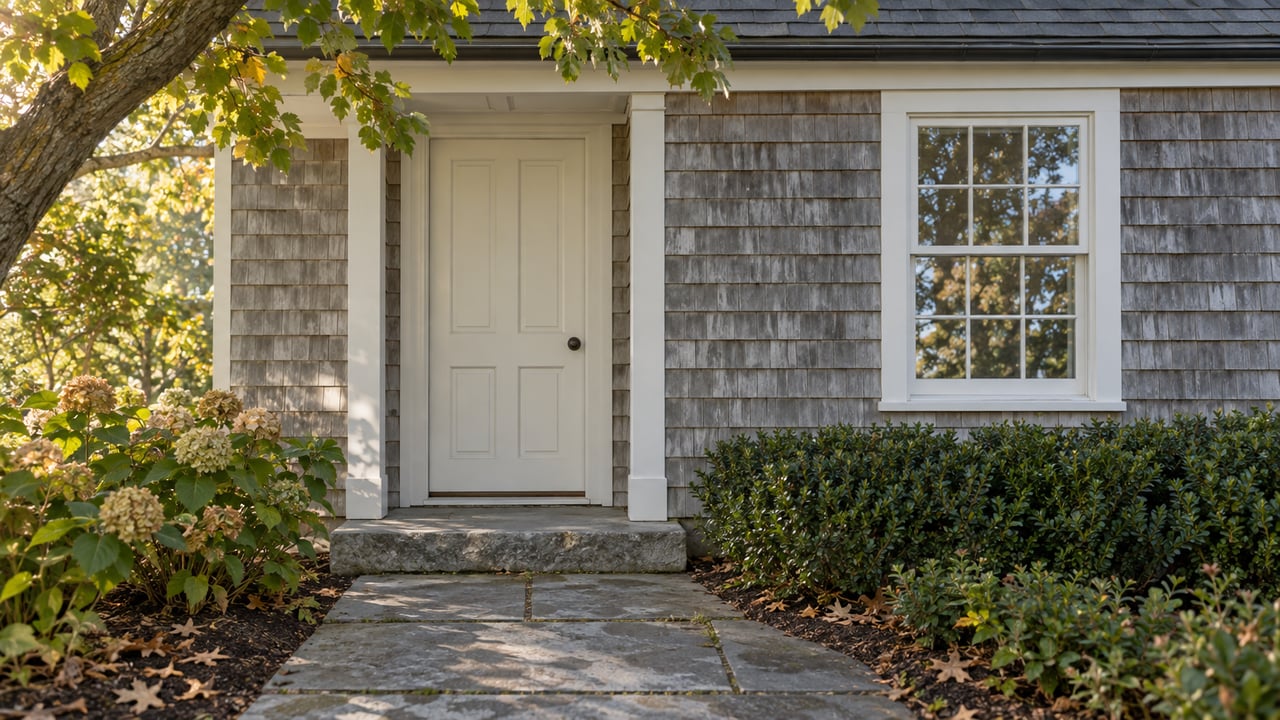 Cedar-shingle house entry with a recessed white door, sash window, bluestone path, and oak canopy.