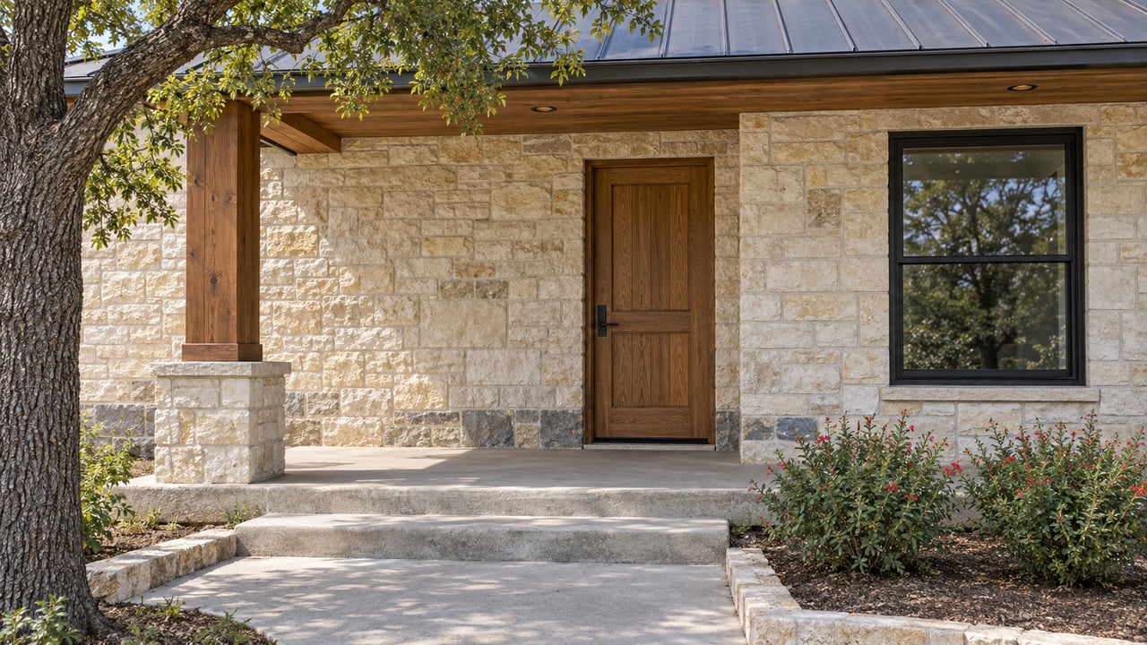 Limestone home entrance with a cedar porch post, oak door, concrete steps and red-flowering autumn sage beneath a spreading live oak branch.