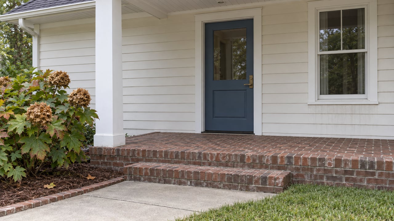 Covered home entry with a dusty blue glazed door, white siding, weathered brick steps and oakleaf hydrangea beside the walk.