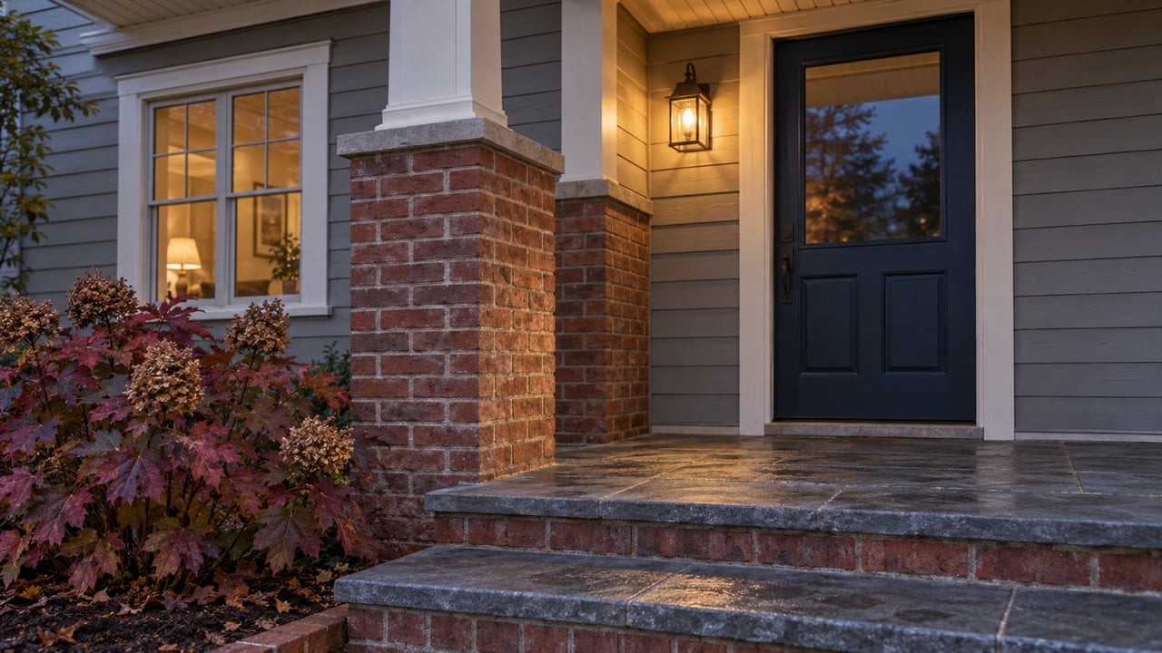 Blue-hour view of a gray-sided home's covered entry, with a dark blue door, warm bronze lantern, brick steps and an oakleaf hydrangea.