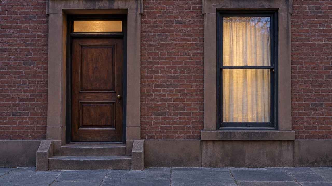 Weathered brick townhouse entrance with a walnut door, brownstone steps, and a warmly illuminated sash window at dusk.