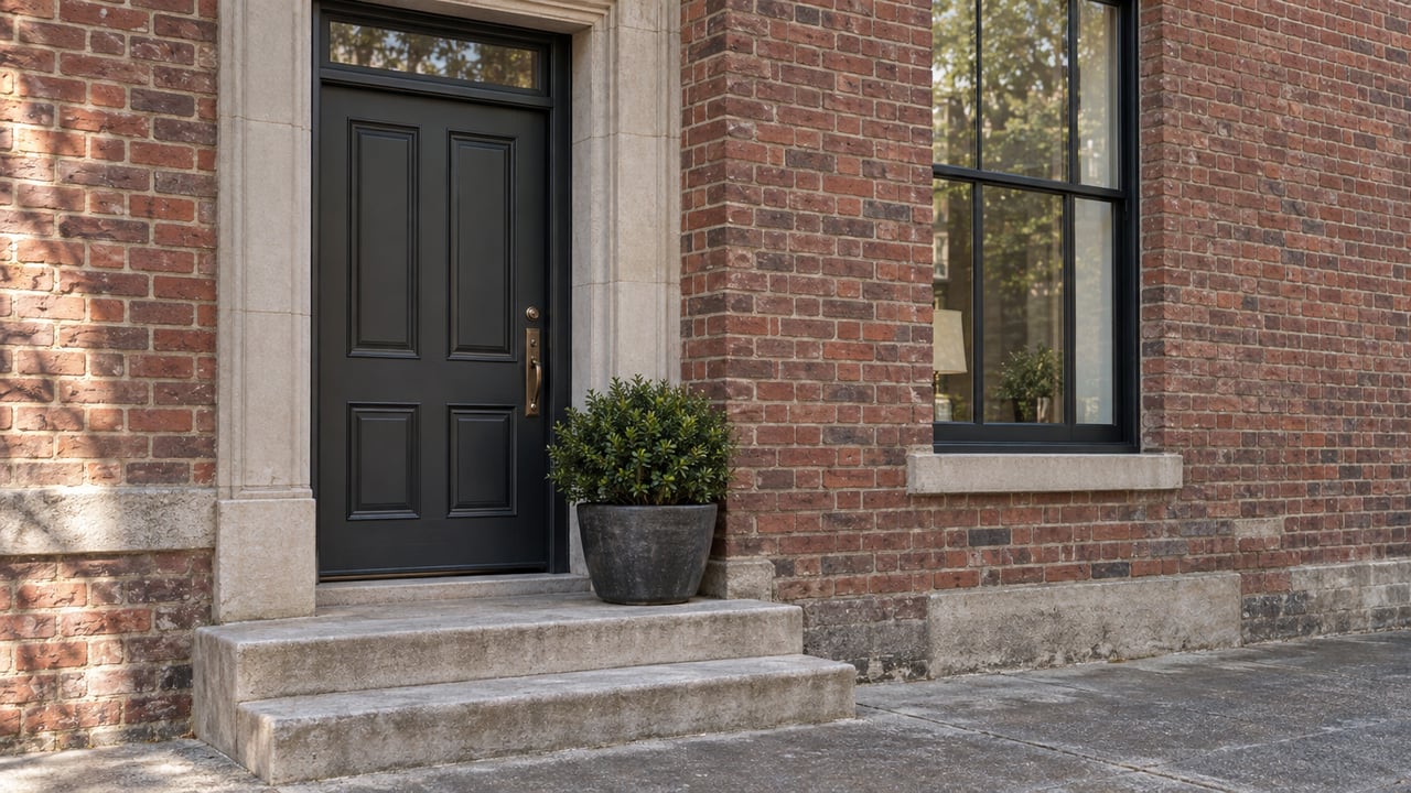 Townhouse entrance with a charcoal paneled door, tall black-framed window, limestone stoop, and potted shrub.