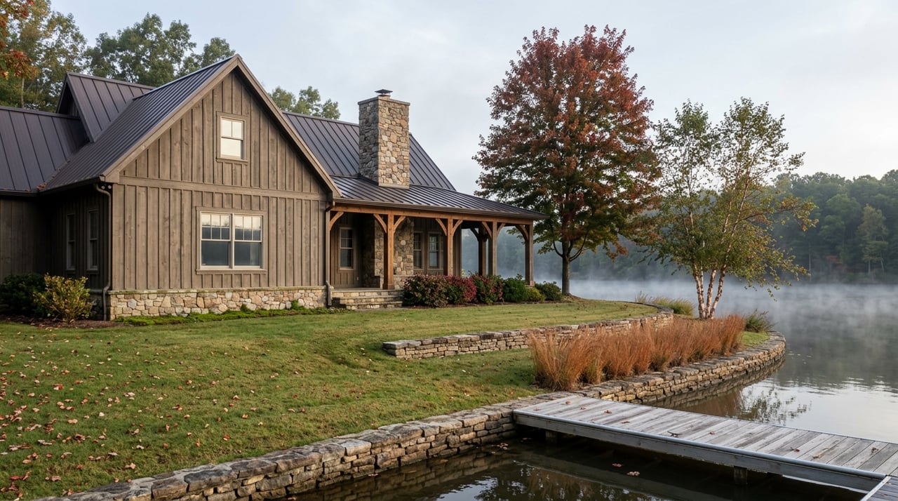 Timber lodge with a stone chimney overlooks a misty lake, framed by red-orange maples and a weathered wooden dock.