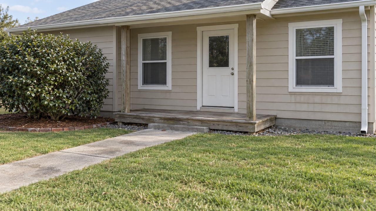 Beige single-story home with a weathered wooden porch, two screened windows, and a concrete walk crossing a deep lawn beside one camellia shrub.