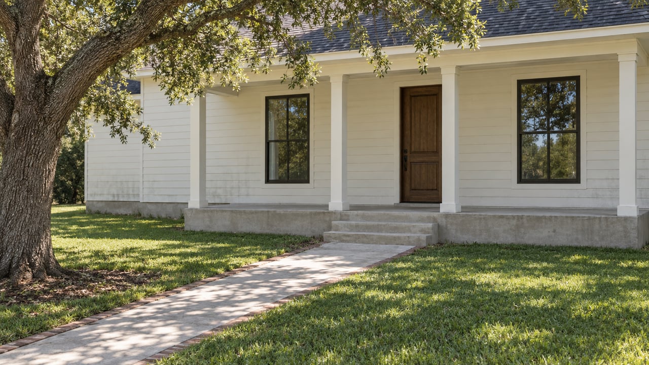 Off-white house with a sheltered entry and dark-framed windows, set behind a broad lawn and a spreading oak.