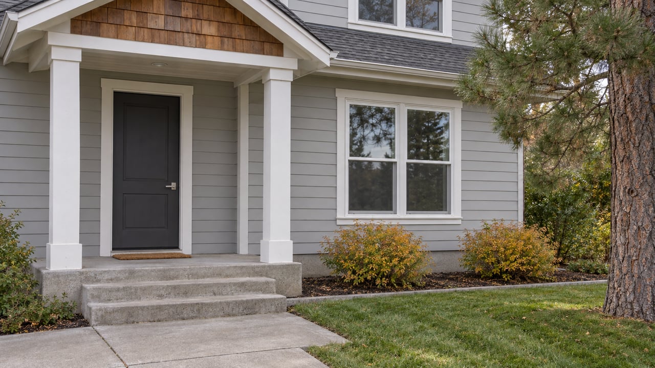 Gray lap-sided home with a cedar-shingled porch gable, white posts, dark front door and autumn planting beside concrete steps.