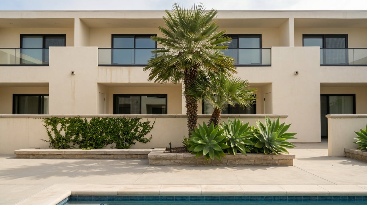 Shared condo courtyard with a pool, multi-trunk palm, agaves, and a three-story stucco facade.