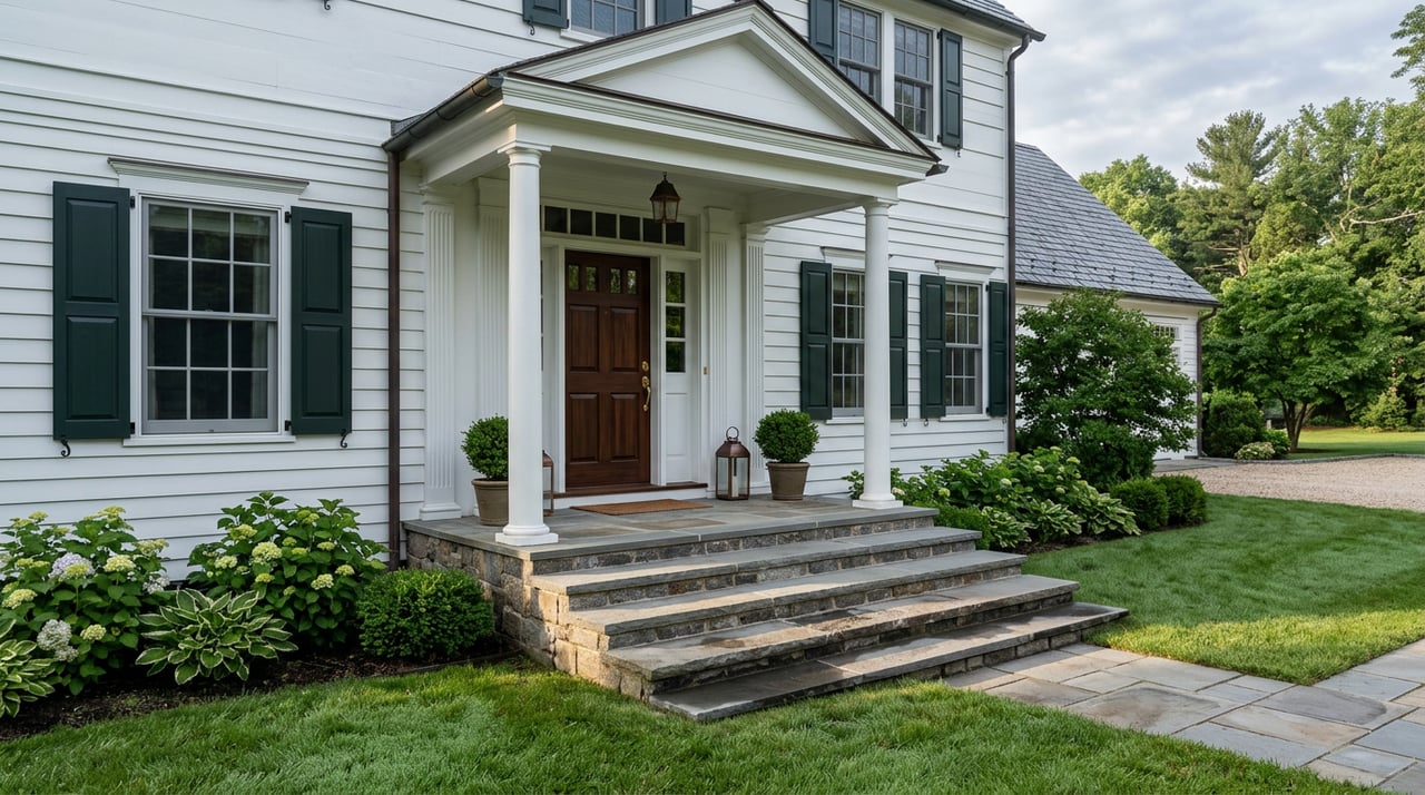 Colonial home entry with brick steps, a green six-panel door, sidelights, black handrail, and boxwoods.