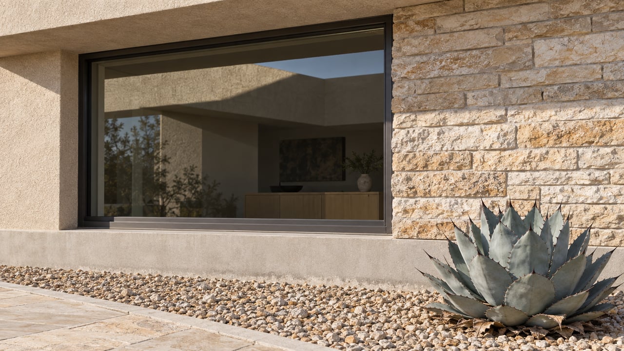 Sunlit sand-colored stucco and limestone surround a shaded bronze-framed window above a gravel bed with one blue-gray agave.