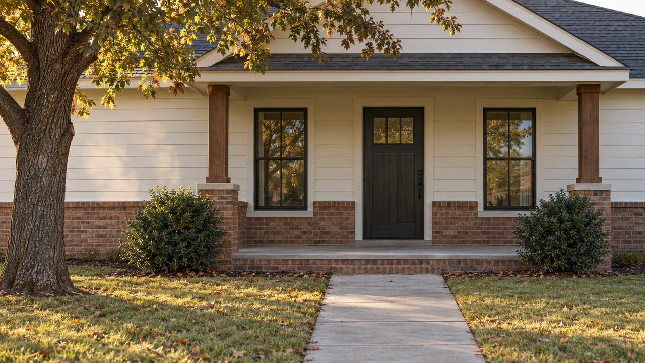 One-story house with off-white siding, red-brown brick porch, dark front door, and oak branches overhead.