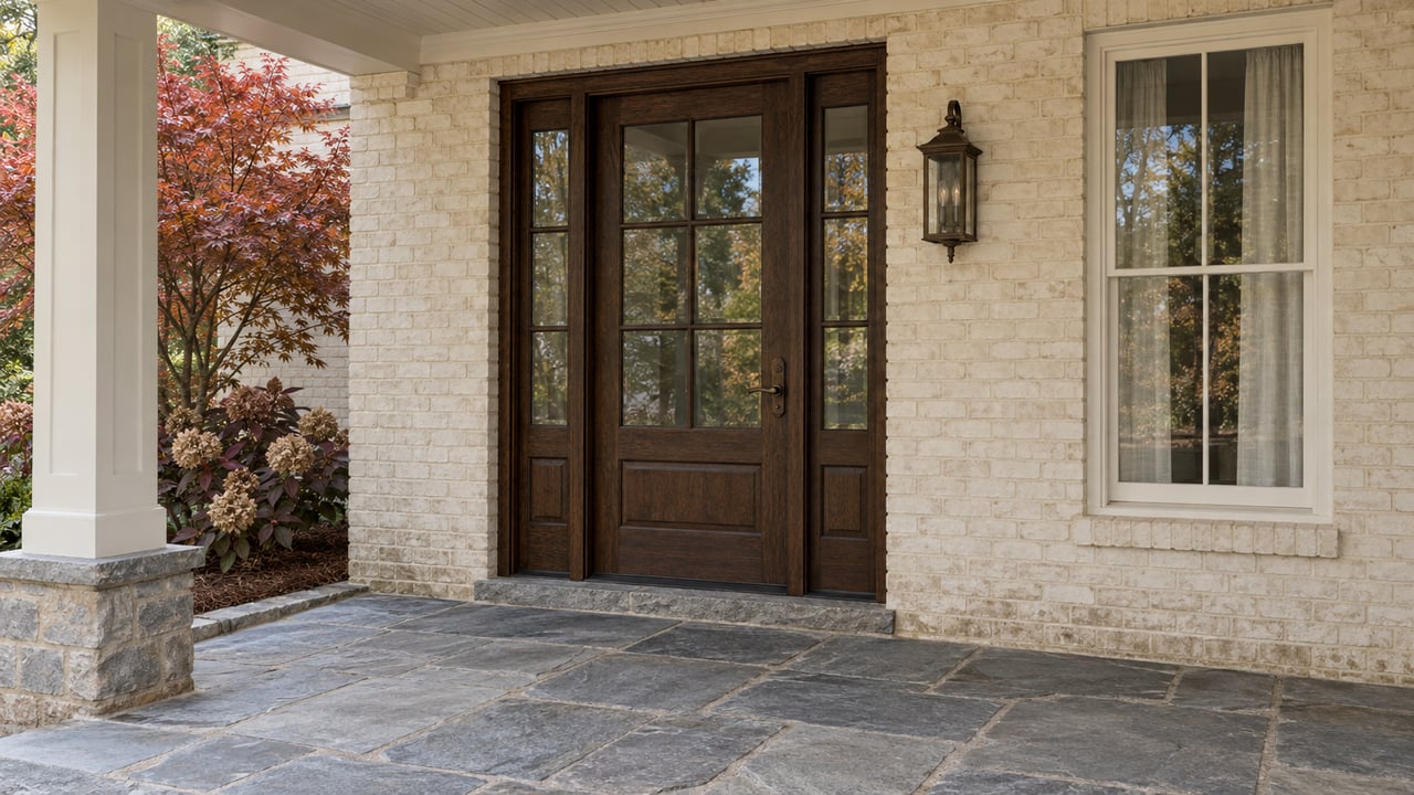 A covered residential porch with cream-painted brick, a glazed oak entry door, blue-gray flagstone paving and autumn planting beside a stone curb.