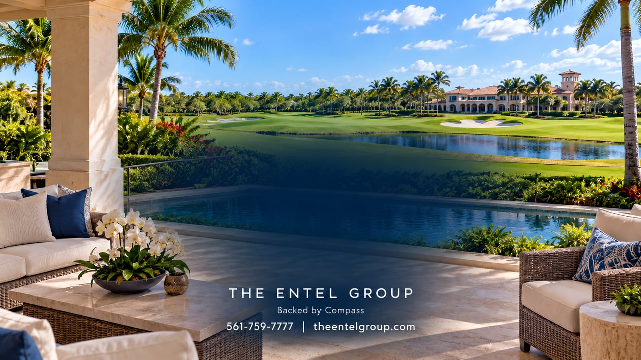 AI-generated country club terrace and fairway; The Entel Group, Backed by Compass, 561-759-7777, theentelgroup.com.
