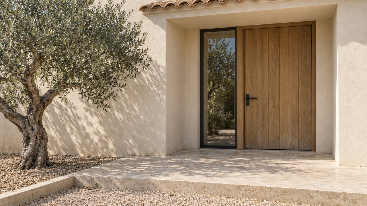 Sunlit stucco home entrance with an oak door, tall sidelight, limestone steps, and a sculptural olive tree.