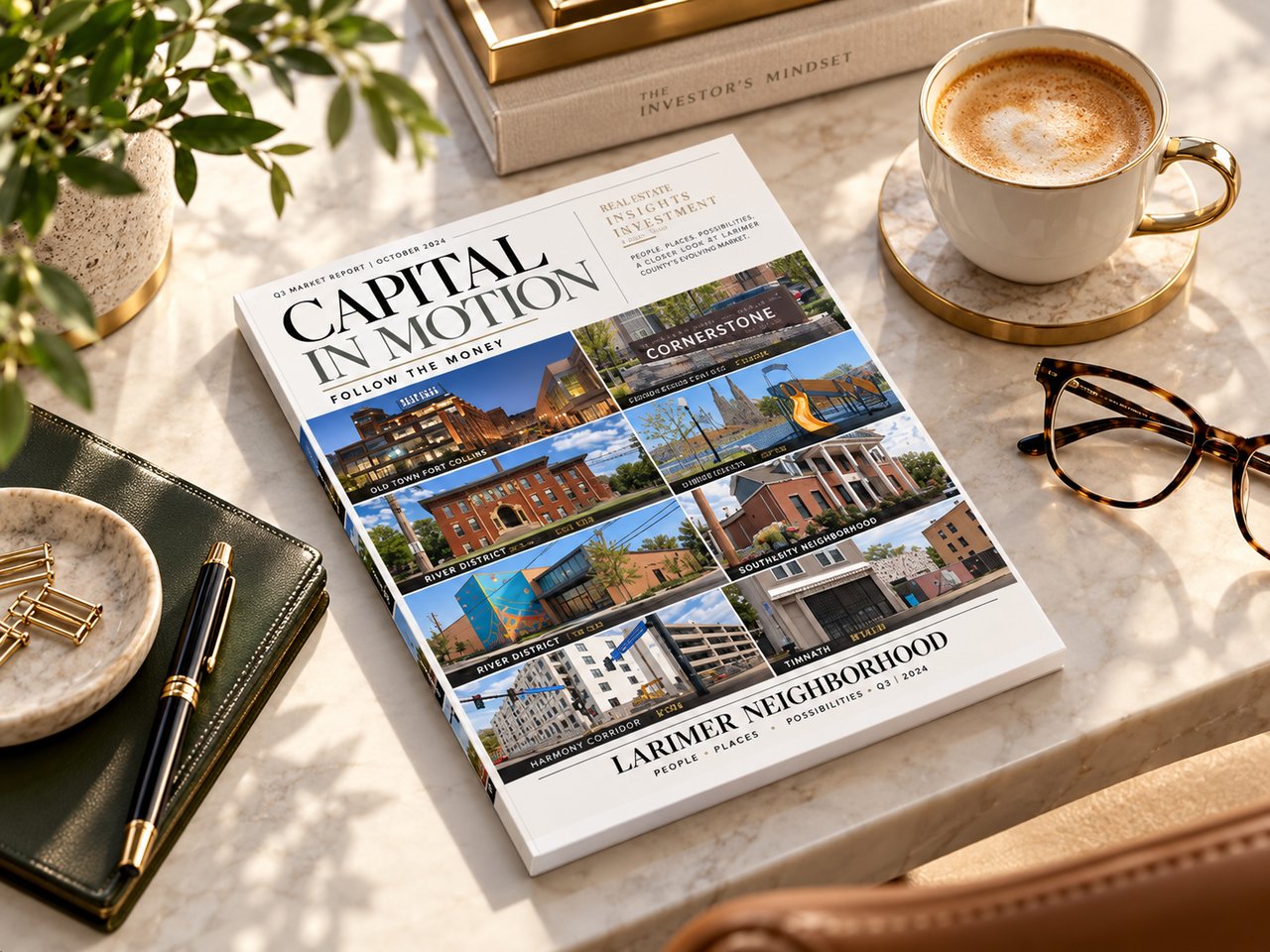Real estate market magazine beside coffee, glasses, a notebook, and a potted plant on a marble table.