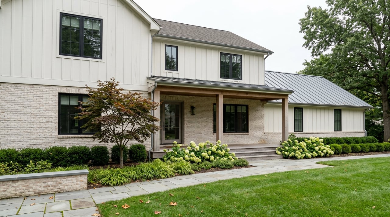 Two-story white brick and shiplap house with black grid windows, a curved stone path, and landscaped lawn.