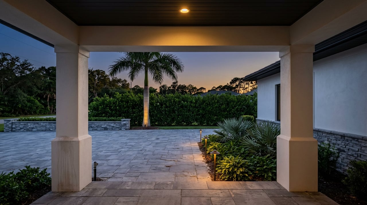 Amber-lit palm beside a paved motor court, framed by stucco columns beneath a covered entry at dusk.