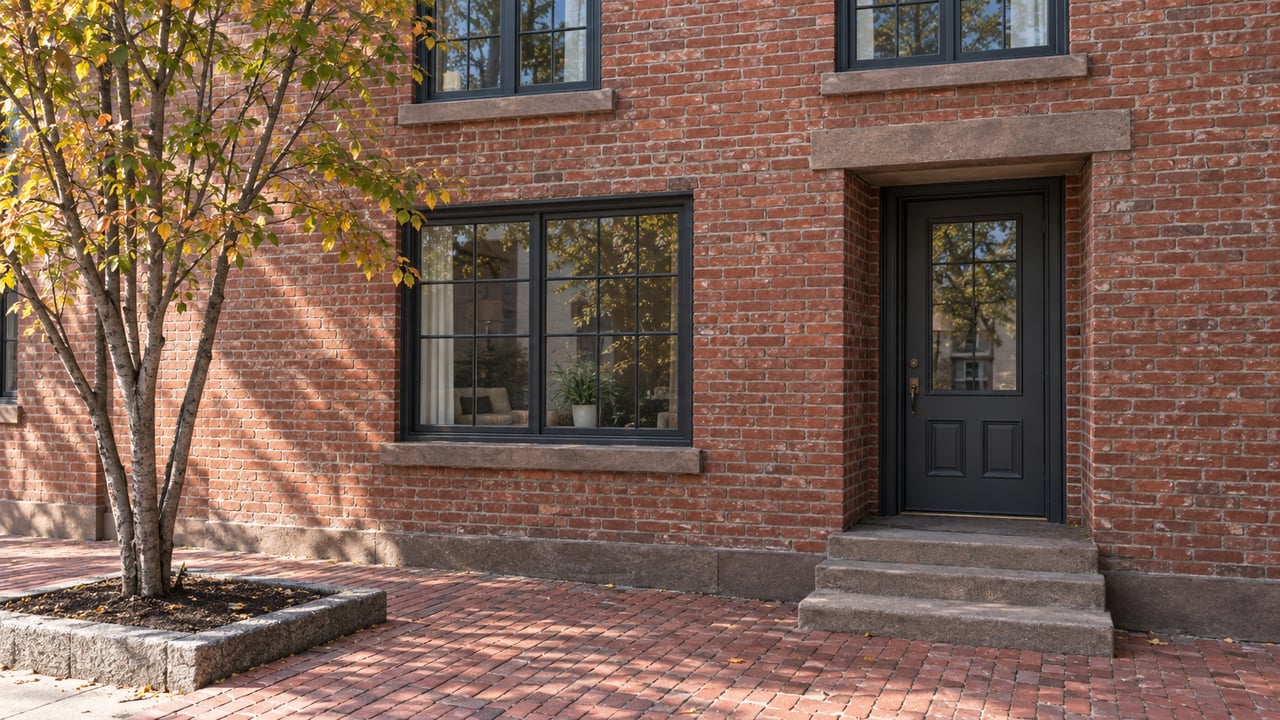 Older brick residential facade with sash windows, recessed entry, stone stoop, and a small tree bed.
