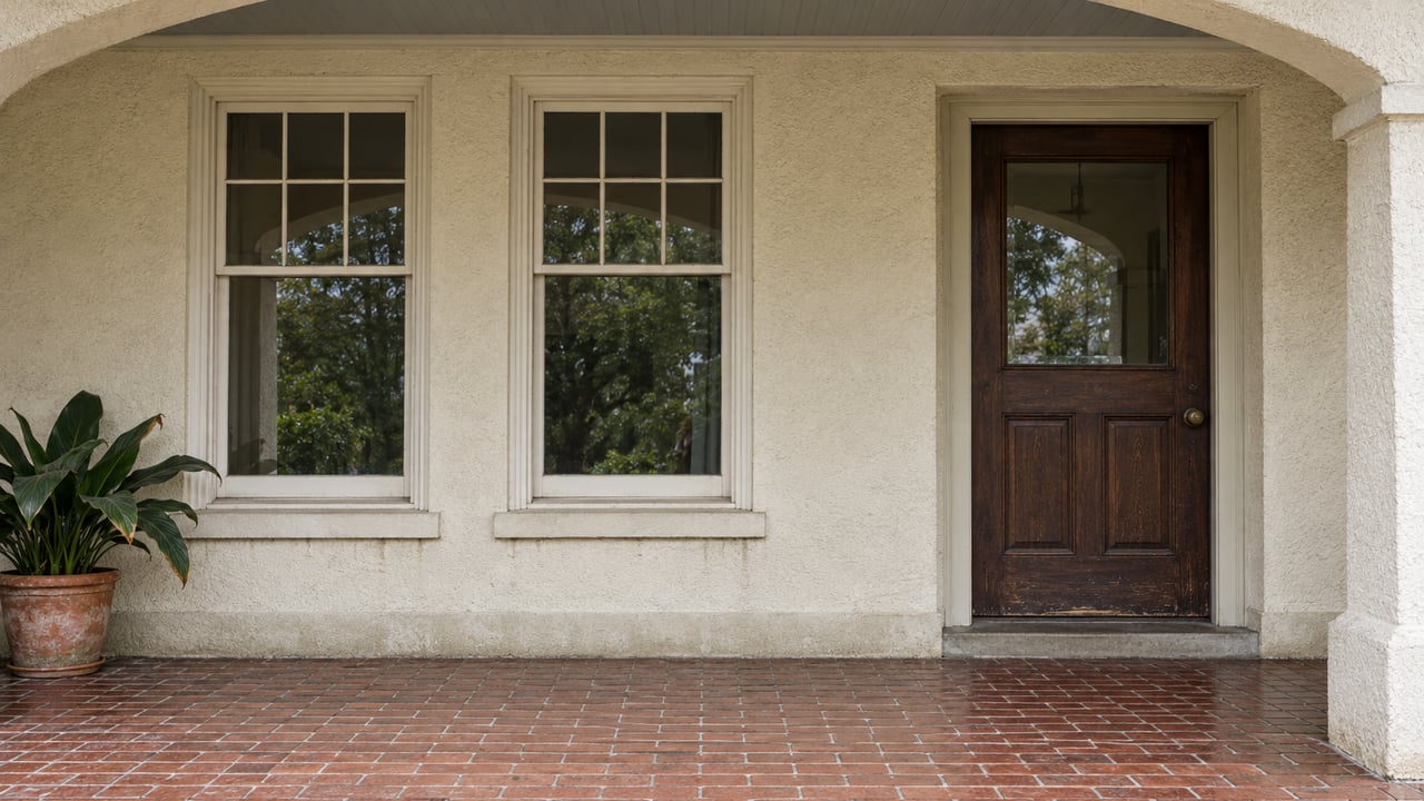 Cream stucco porch with two painted wood sash windows, a recessed oak door and weathered terracotta brick paving.