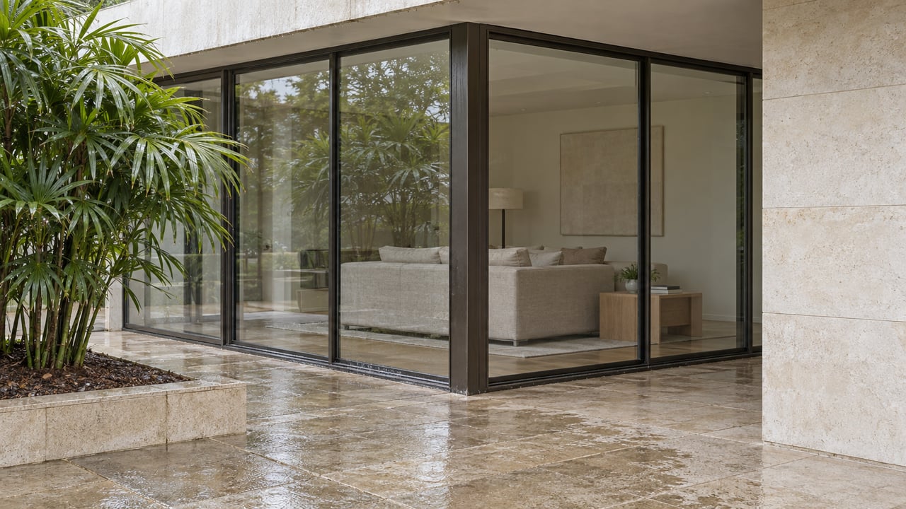 A modern home's bronze-framed glass corner beneath a low roof, with limestone paving and a specimen lady palm after rain.