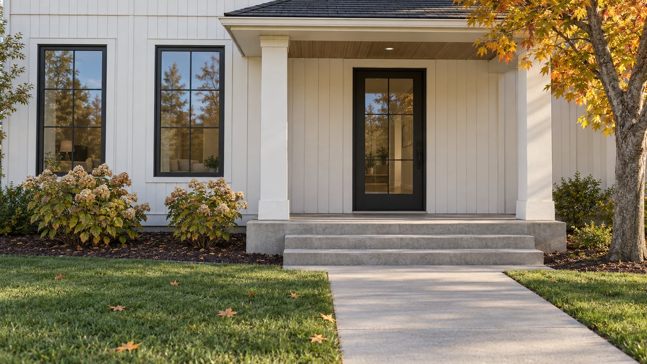 Morning light on an off-white home's covered entry, black-framed windows, concrete steps and autumn planting beside a deep lawn.