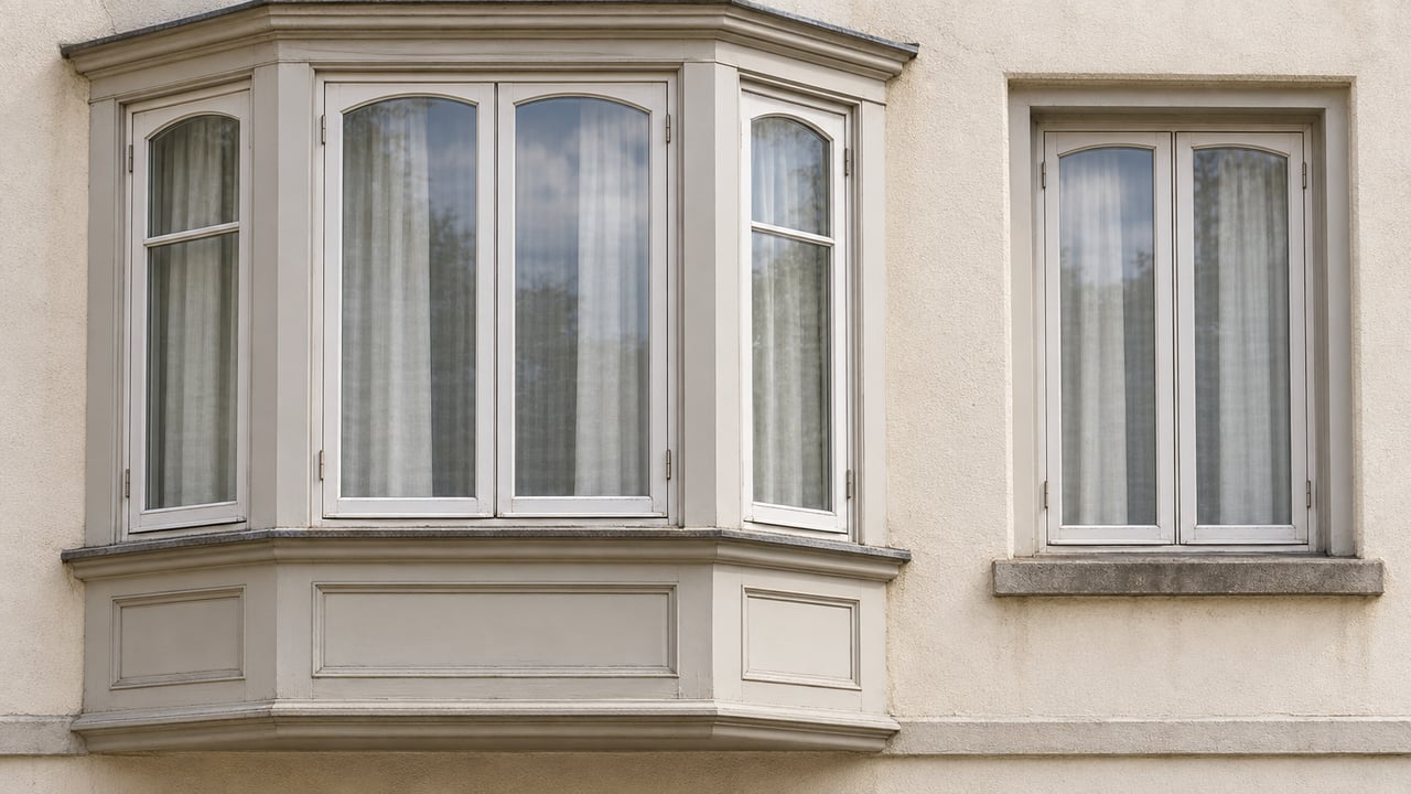 Ivory stucco residential facade with a three-sided wood-framed bay window, linen curtains and gently weathered painted trim.
