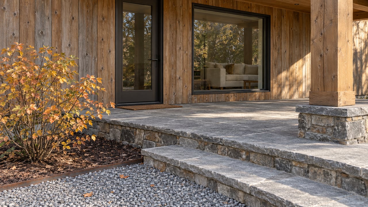 Timber home entry with a glazed door, dark-framed window, weathered fir siding and broad stone steps beside an autumn serviceberry shrub.