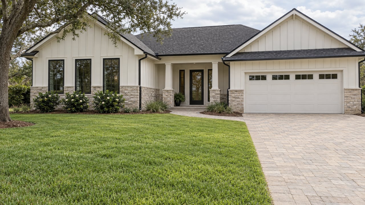 A white gabled home with stone accents, a deep green front lawn and a broad paver driveway under soft daylight.