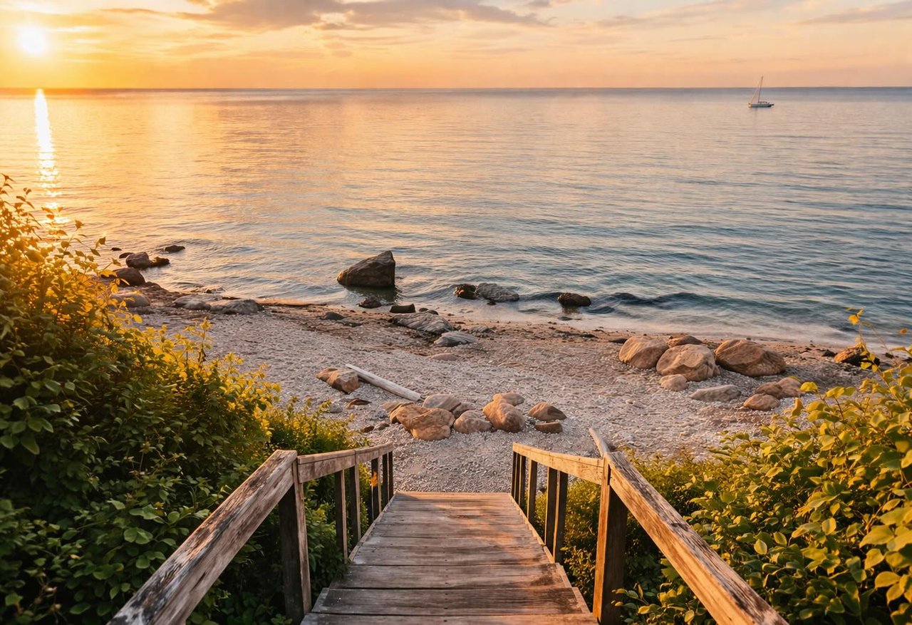 67 Steps Beach in Greenport at sunset