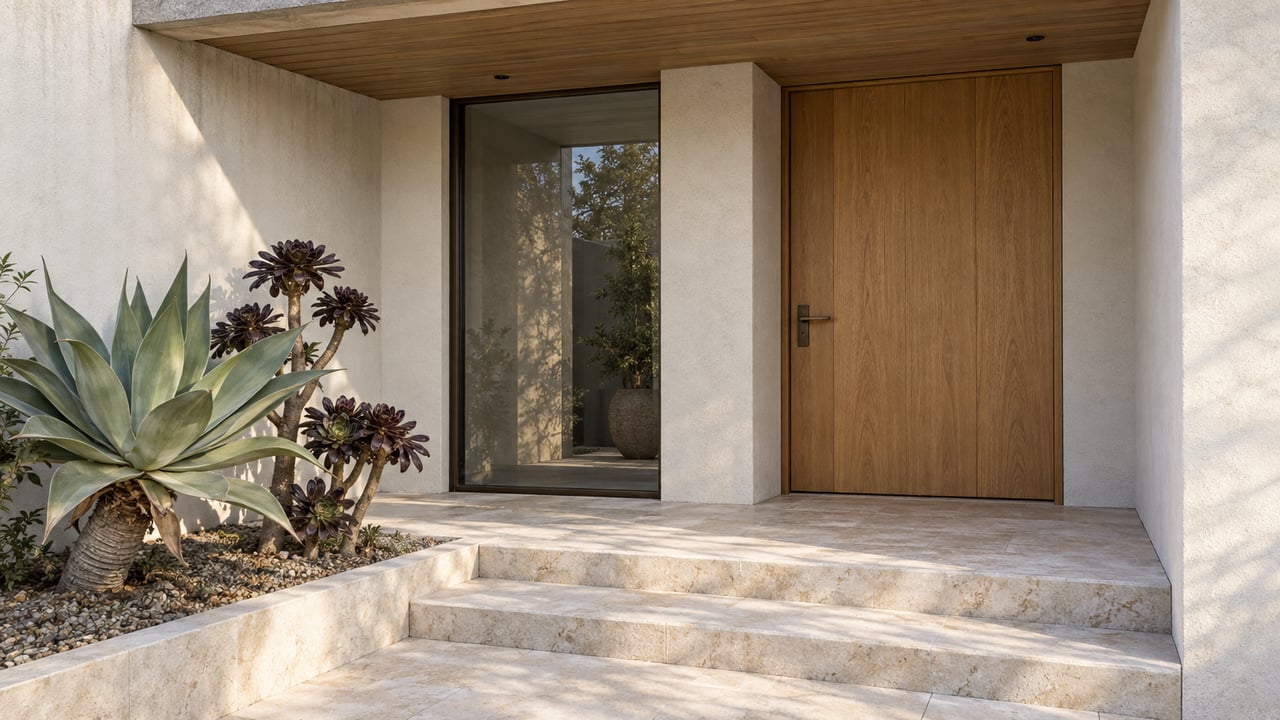 Contemporary home entrance with an oak door, limestone steps and sculptural succulents in soft morning light.