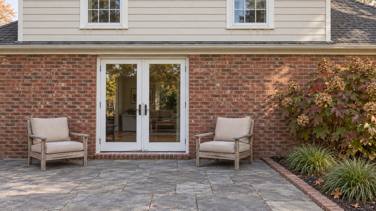 Two weathered teak chairs on a gray paver patio beside a brick-and-clapboard home, with oakleaf hydrangea in an edged planting bed.