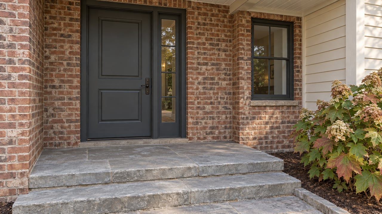 Charcoal paneled front door beside a narrow sidelight, set in red-brown brick above gray stone steps.