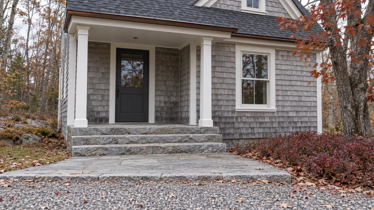 Weathered cedar cottage entry with granite steps, a white-trimmed window and sparse autumn maple leaves beside a gravel approach.
