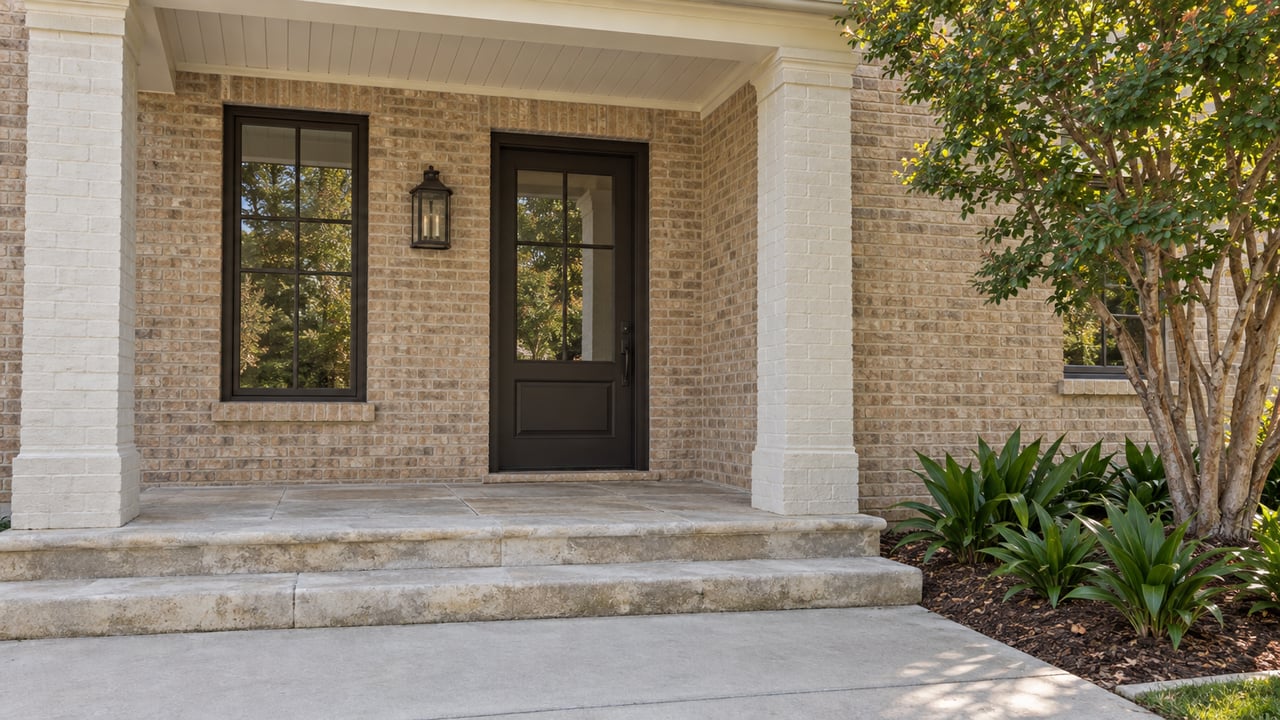 Brick home entrance with a covered porch, dark door, stone steps, and landscaped plants.