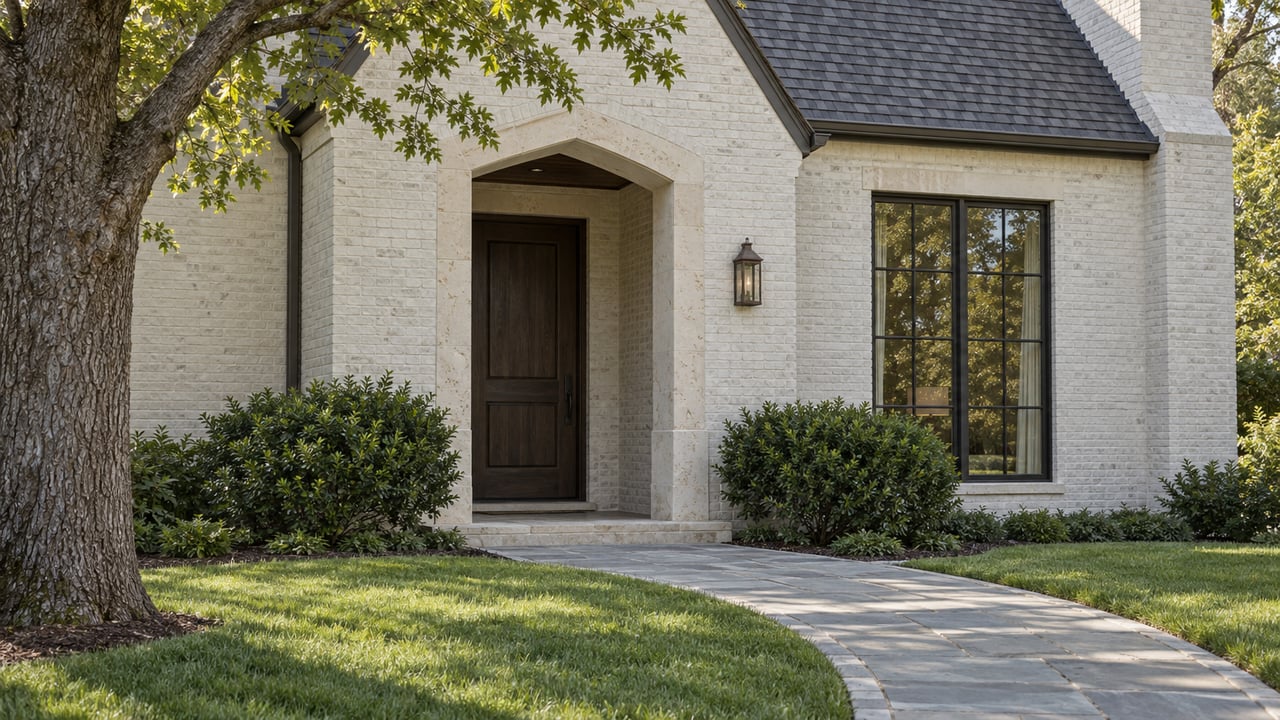 Painted-brick entrance with a recessed dark timber door, curving bluestone path, lawn, and mature oak.